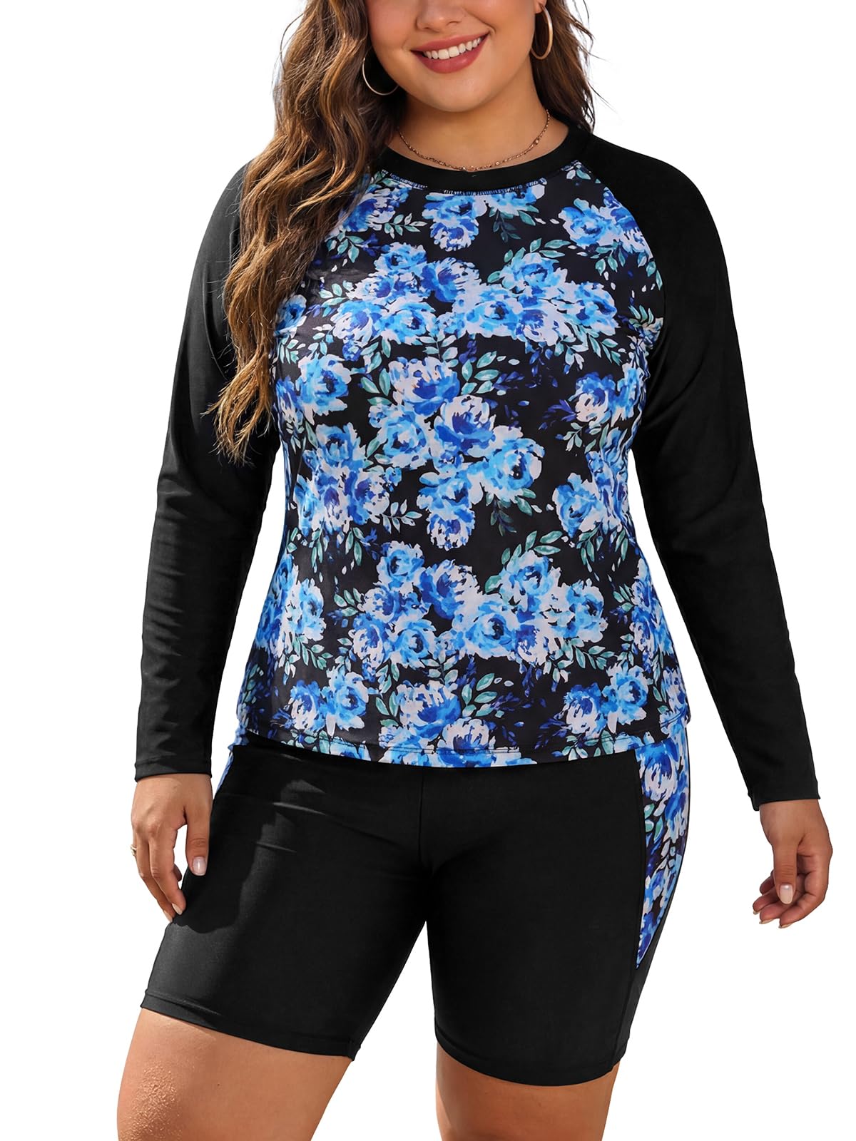 SHEKINI Damen Plus Größe Zwei Stück Rash Guard Langärmeliges Badeanzug Hemd mit Build in BH & Boyshort