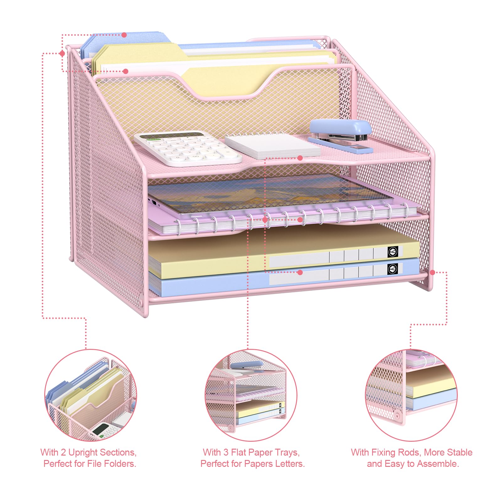 Samstar Pink Desk File Organizer, Mesh Letter File Folder Holder with 3 Paper Trays and 2 Vertical Upright Section, for Office Supplies, Desk Accessories & Workspace, Pink view 5