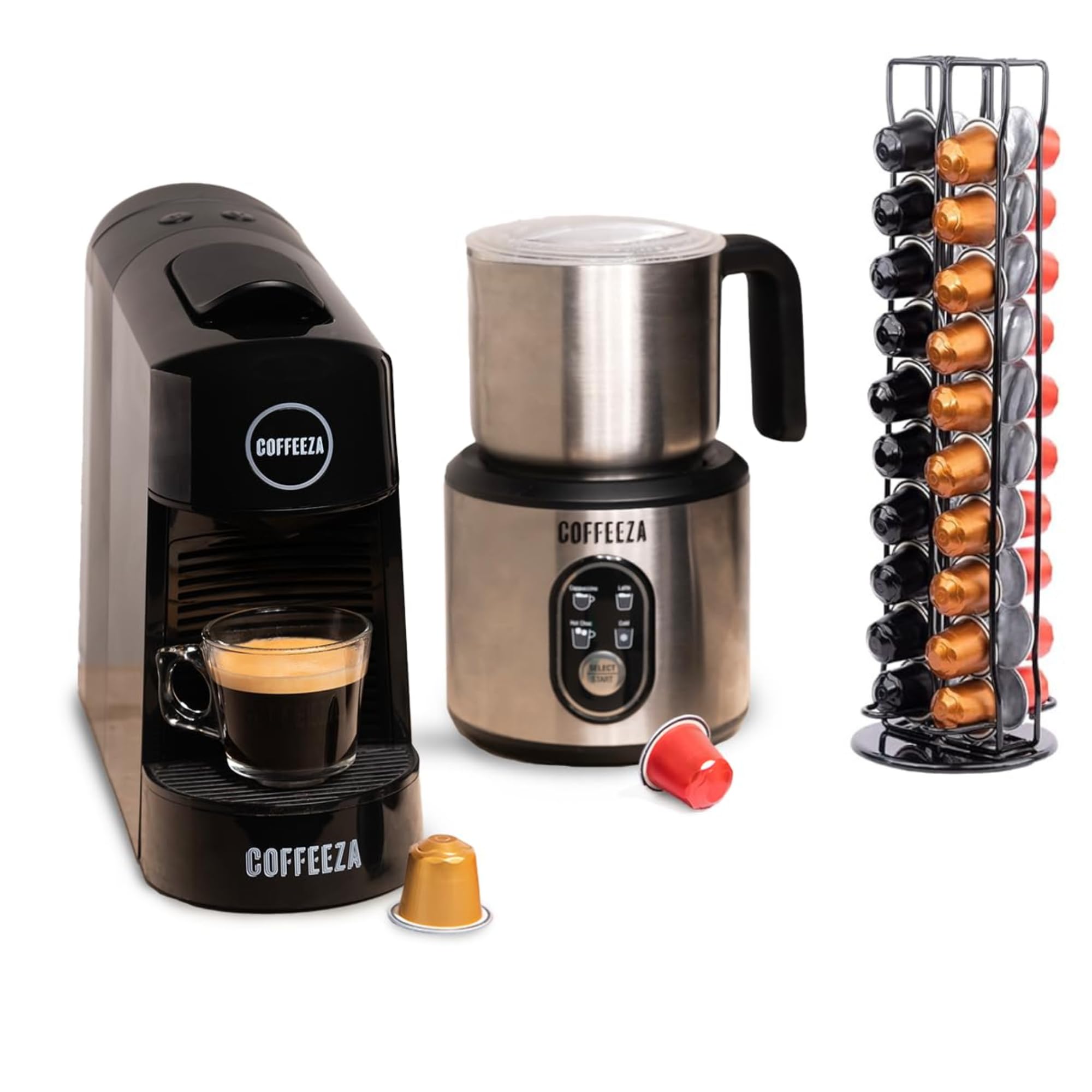 COFFEEZA Finero Next Pod Coffee Machine with Milk Frother and Capsule Stand (Combo) 20 Bar Pressure, | Perfect Coffee Maker for Espresso, Latte & Cappuccino | 1-Year Warranty
