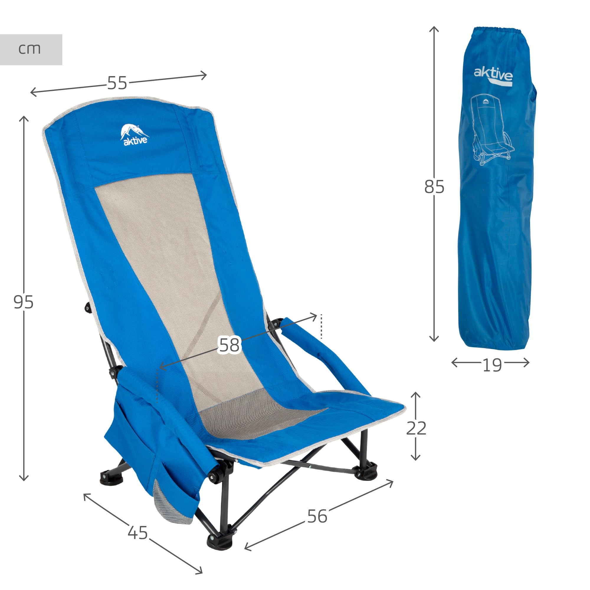 AKTIVE Chaise Bascule Pliable Camping – Acier + Polyester Rembourré, Coussin Amovible, Poches Latérales, Sac De Transport – Jardin, Plage, Rando
