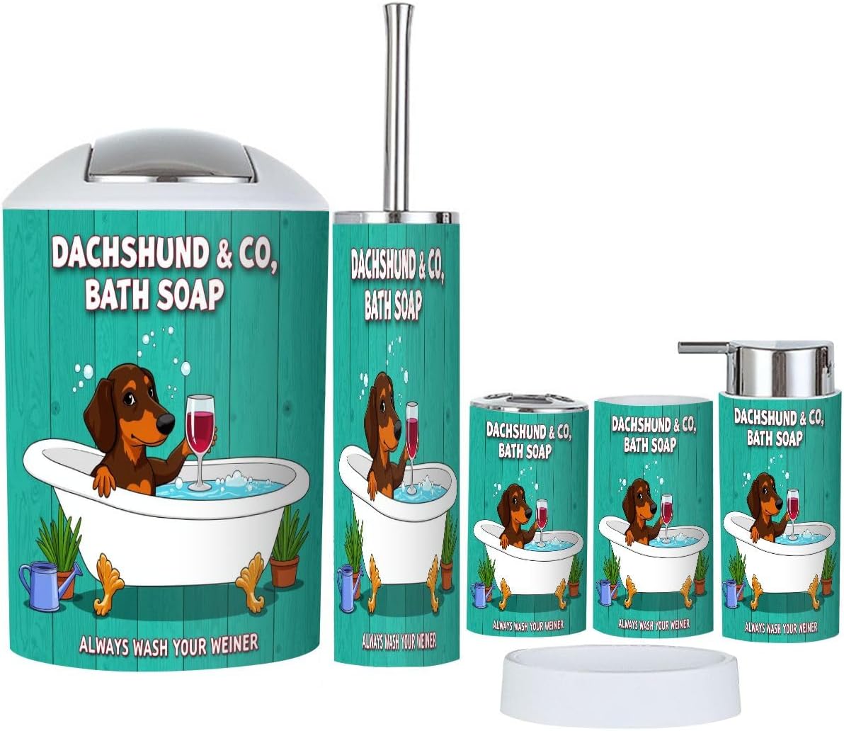 Bathroom Accessories Set 6 Pcs Dog Funny Bath Wash Your Paws Fun Ocean Teal Green Vintage Wood Toothbrush Holder Cup Soap Dispenser Soap Dish Toilet Brush Holder Trash Can for Countertop Decor