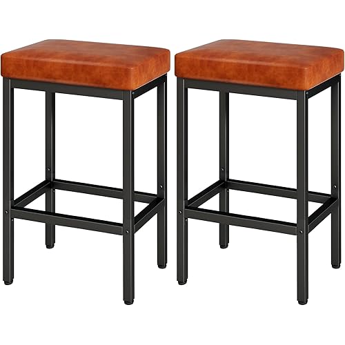 YMYNY Bar Stools Set of 2, 26 Inch Counter Height Bar Stools, Caramel Brown Barstools for Kitchen Island Counter, PU Leather Kitchen Stools Chairs with 2.4" Thick Upholstery and Metal Base, UHBS513J