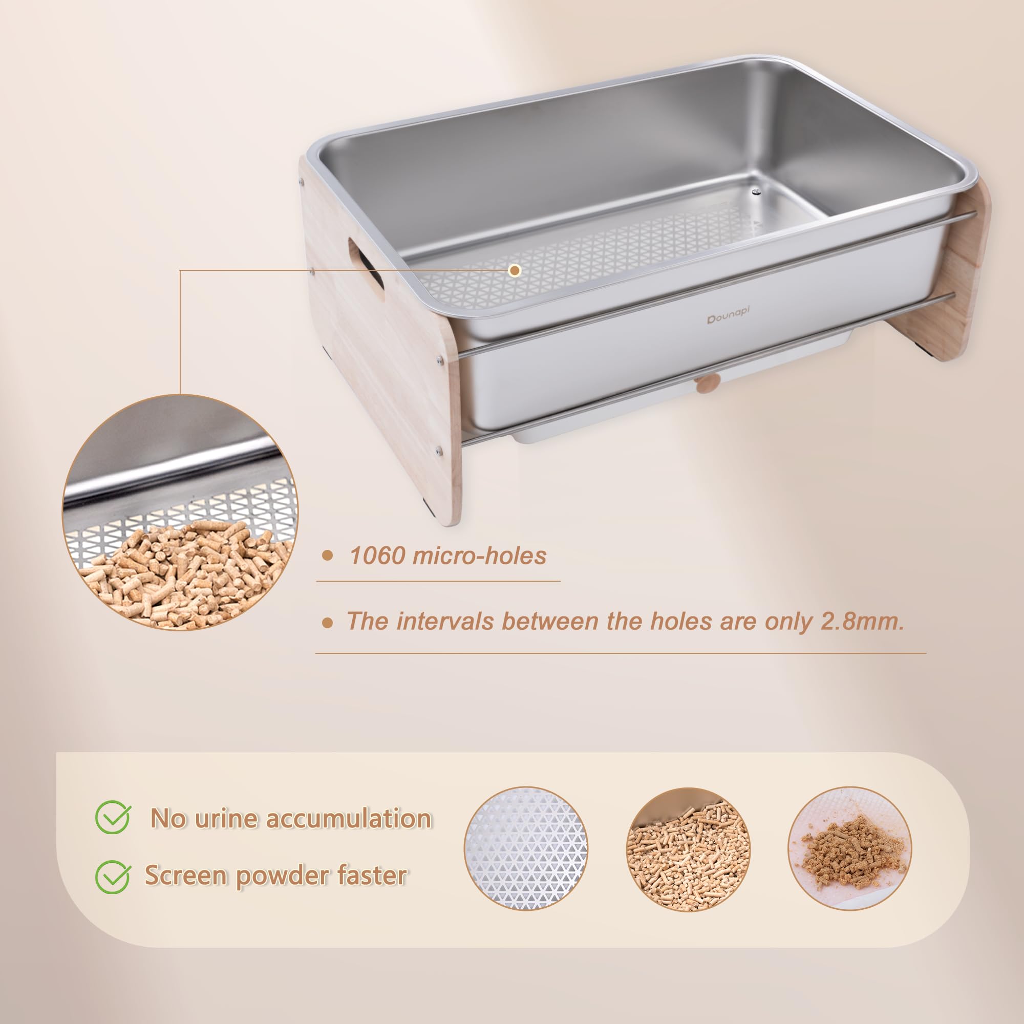 Stainless Steel Sifting Litter Box for Pine Pellet Cat Litter Non Clumping Litter System with Dust Collecting Drawer and Wooden Side Pandel - image 4