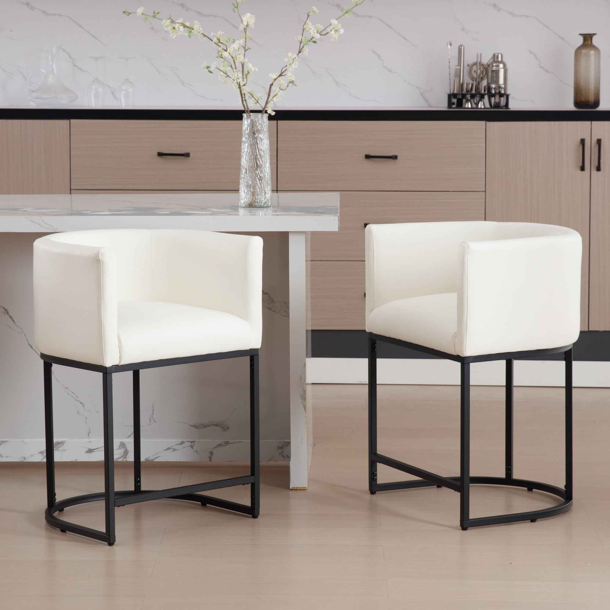BESTANO Modern Counter Height PU Leather Upholstered Bar Stools Set of 2, 24" Kitchen Counter Island Stools Bar Chairs with Black Metal Frame, White