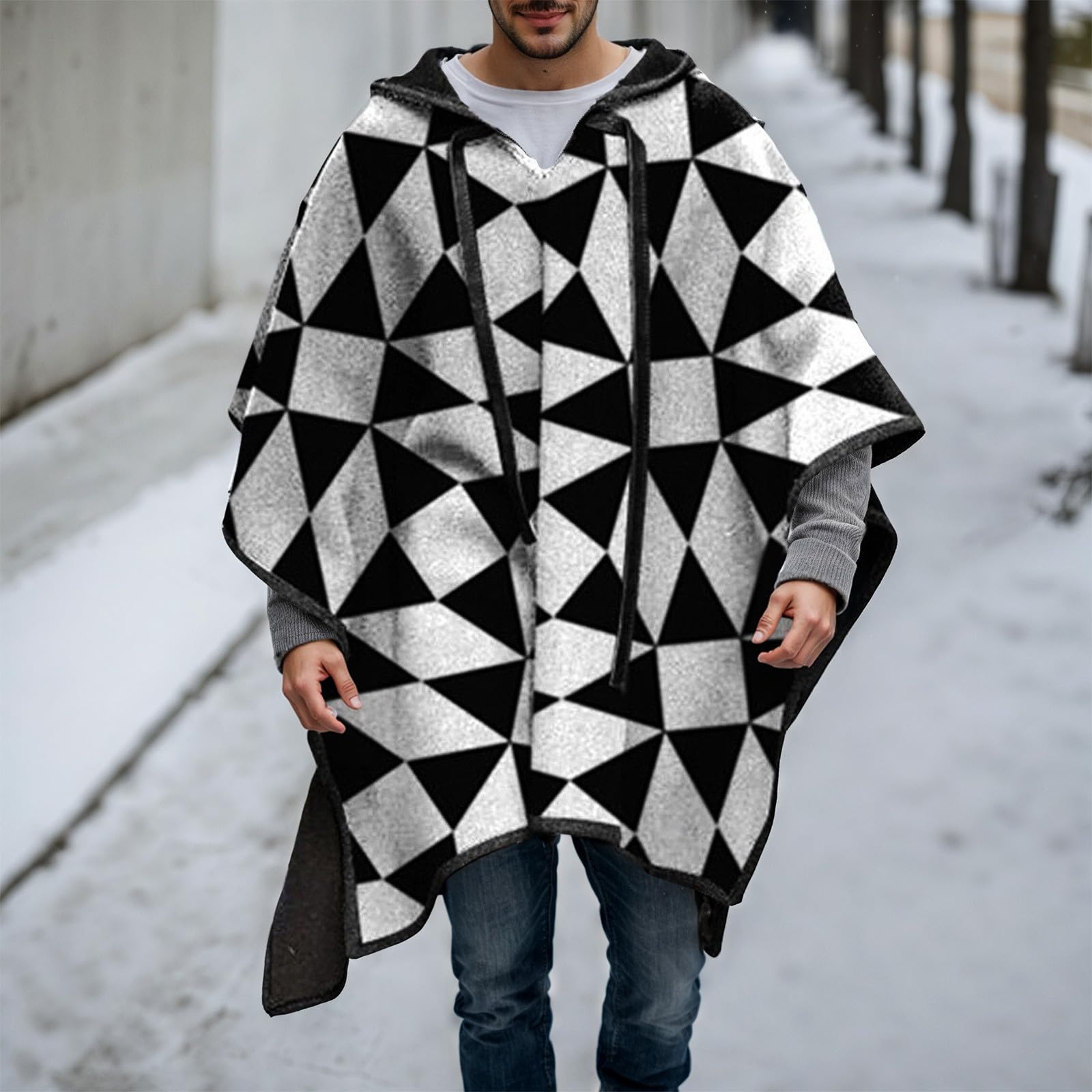Poncho para hombre, manta cálida, ponchos con capucha, poncho de lana para hombre, chaqueta hippie, cómoda, suave, poncho con capucha, sin capucha, dobladillo irregular, ropa de casa