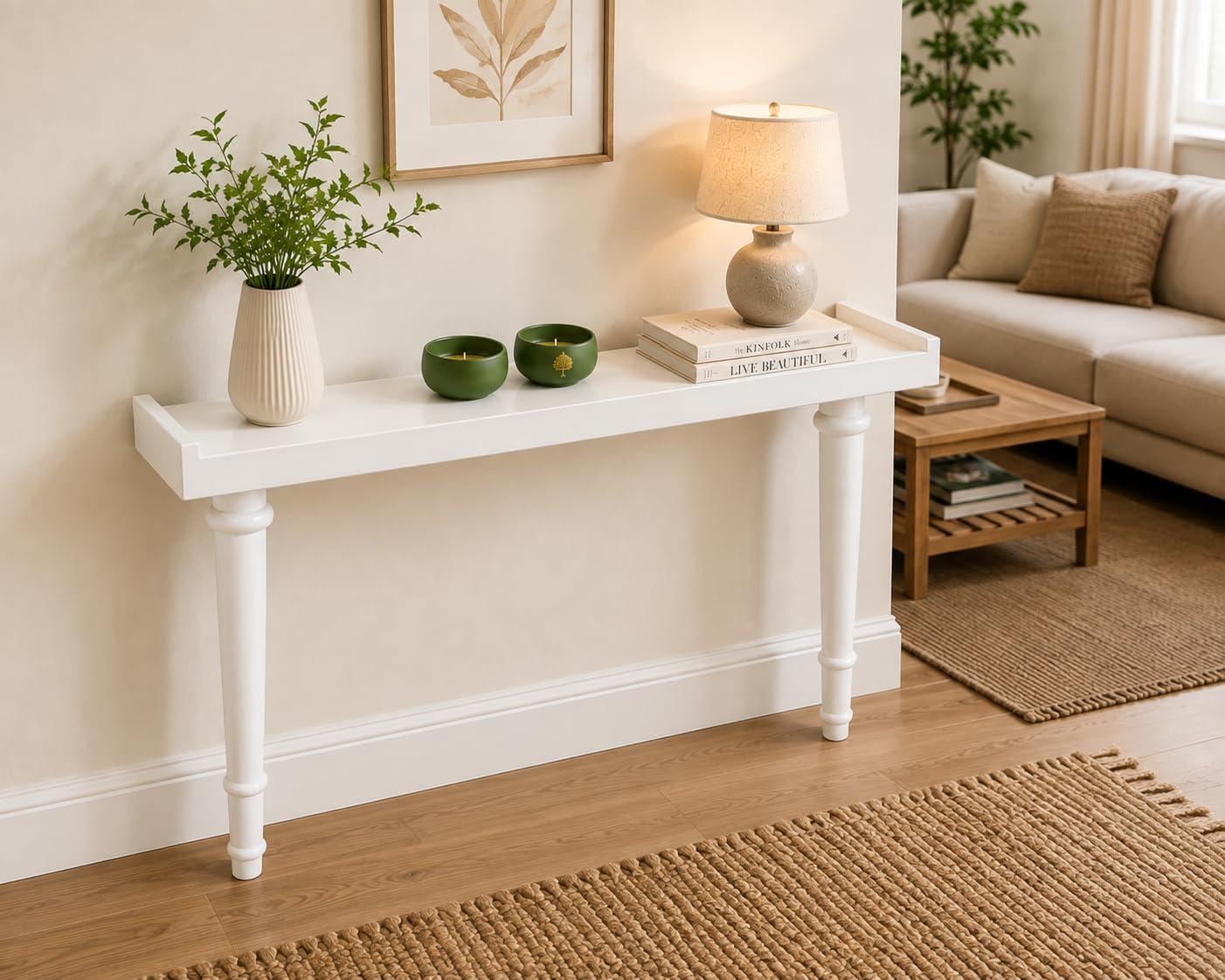 Solid Wood Console Table for Living Room & Entryway | Handmade Wooden Hallway Table | Rustic Sofa Side & Foyer Table for Home Decor (White)-image-11