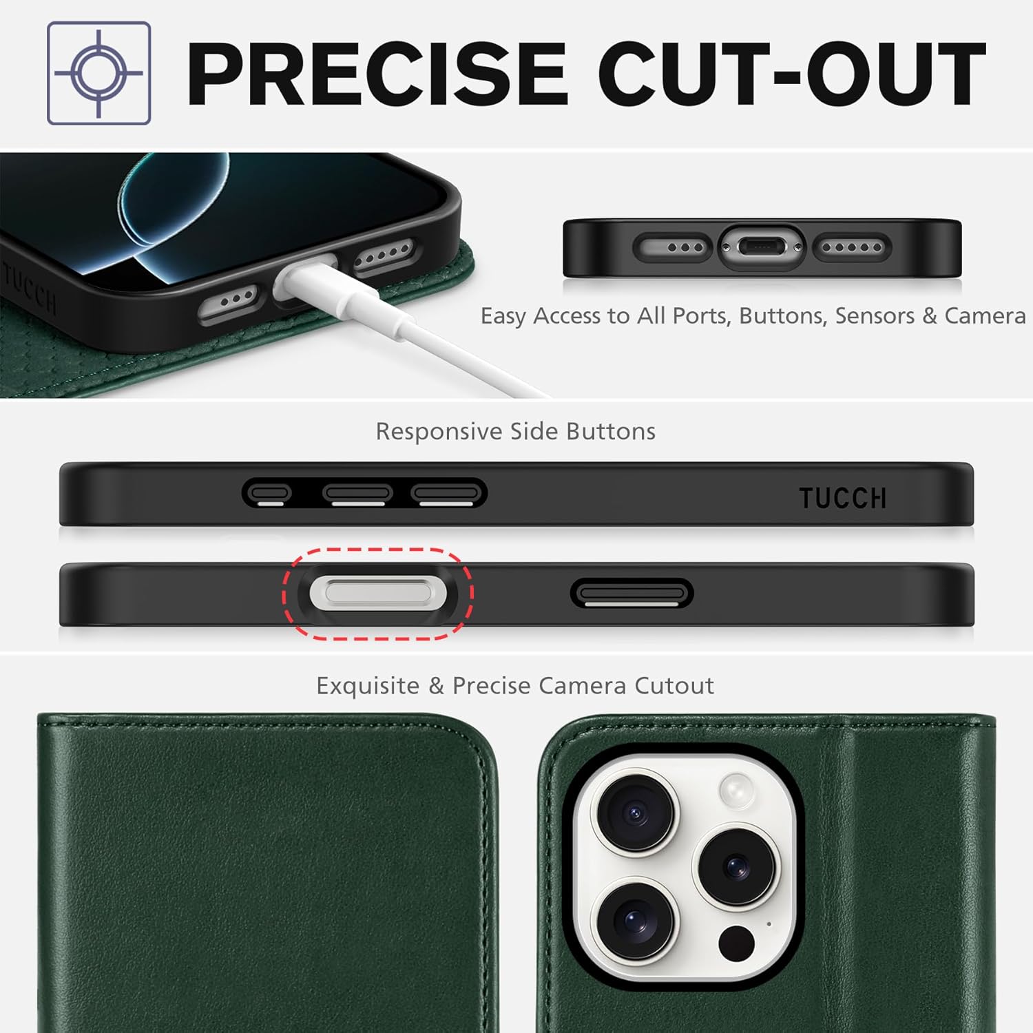 TUCCH Wallet Case Compatible with iPhone 16 Pro, Kickstand PU Leather Folio Book Cover with [3 Card Holders] RFID Blocking, Protective Soft TPU Inner Shell for iPhone 16 Pro 5G 2024, Dark Green