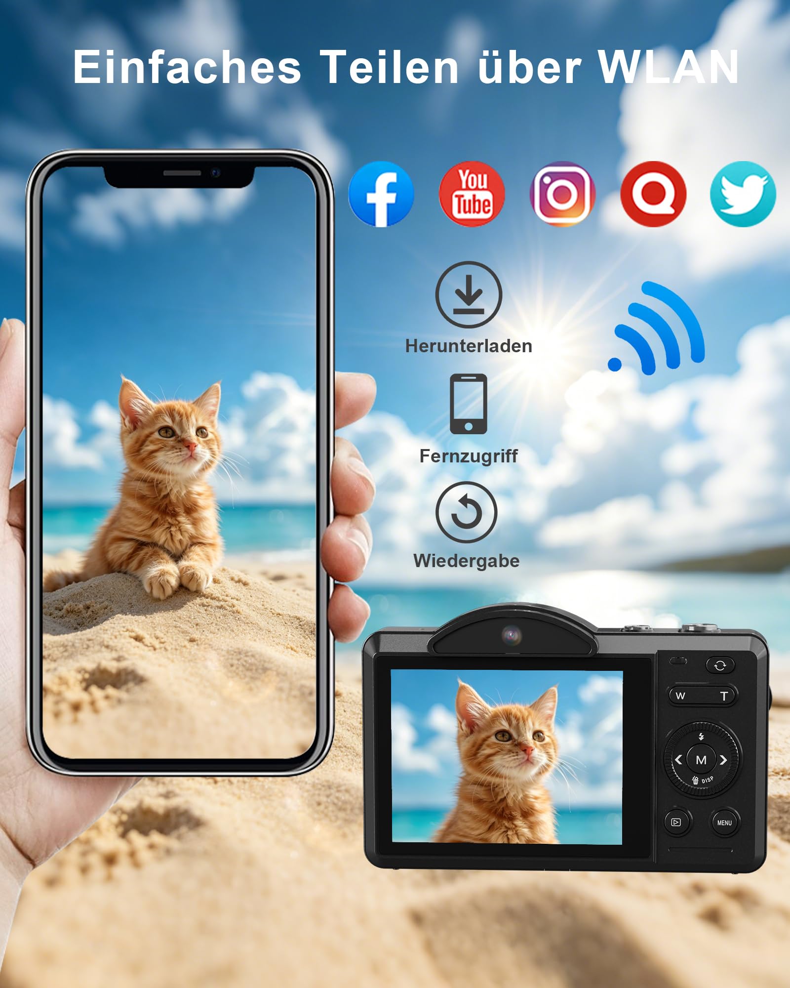 5K 80MP Digitalkamera Kamera, Digital Kamera für Vlog mit WLAN, 2.8" Kompakte Kamera für Anfänger, 18X Digitalzoom, Autofokus, mit 64GB Karte, 2 Akkus, Fotoapparat für YouTube Anfänger Erwachsene