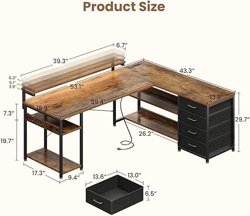 Miniatura 12 de AODK Escritorio en forma de L de 53 pulgadas con cajón, escritorio para computadora con tomas de corriente y luces LED, escritorio de esquina Negro