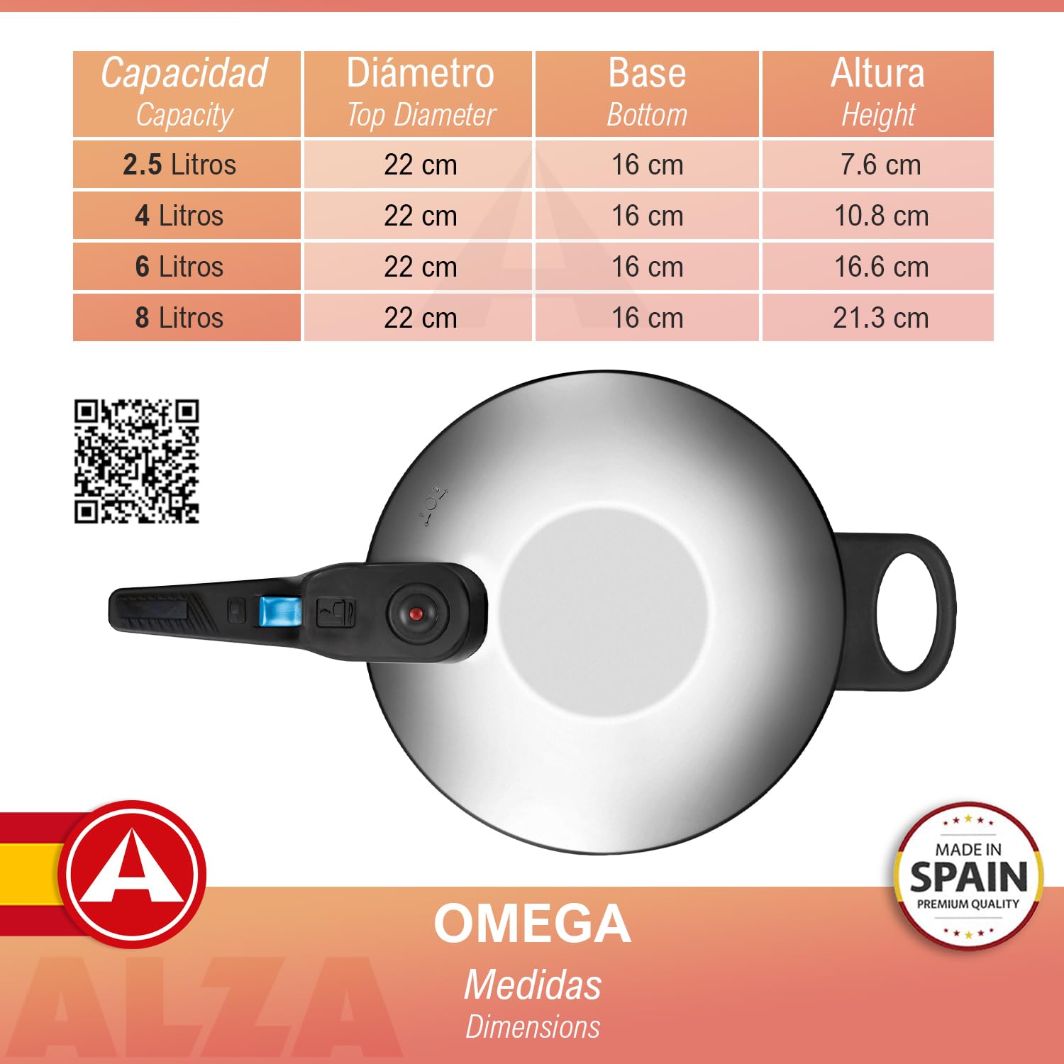 Alza Omega - Olla a Express Rápida de 6 Litros + Cestillo, Acero Inoxidable 18/10, Apta Para Todo Tipo de Cocinas, Inducción