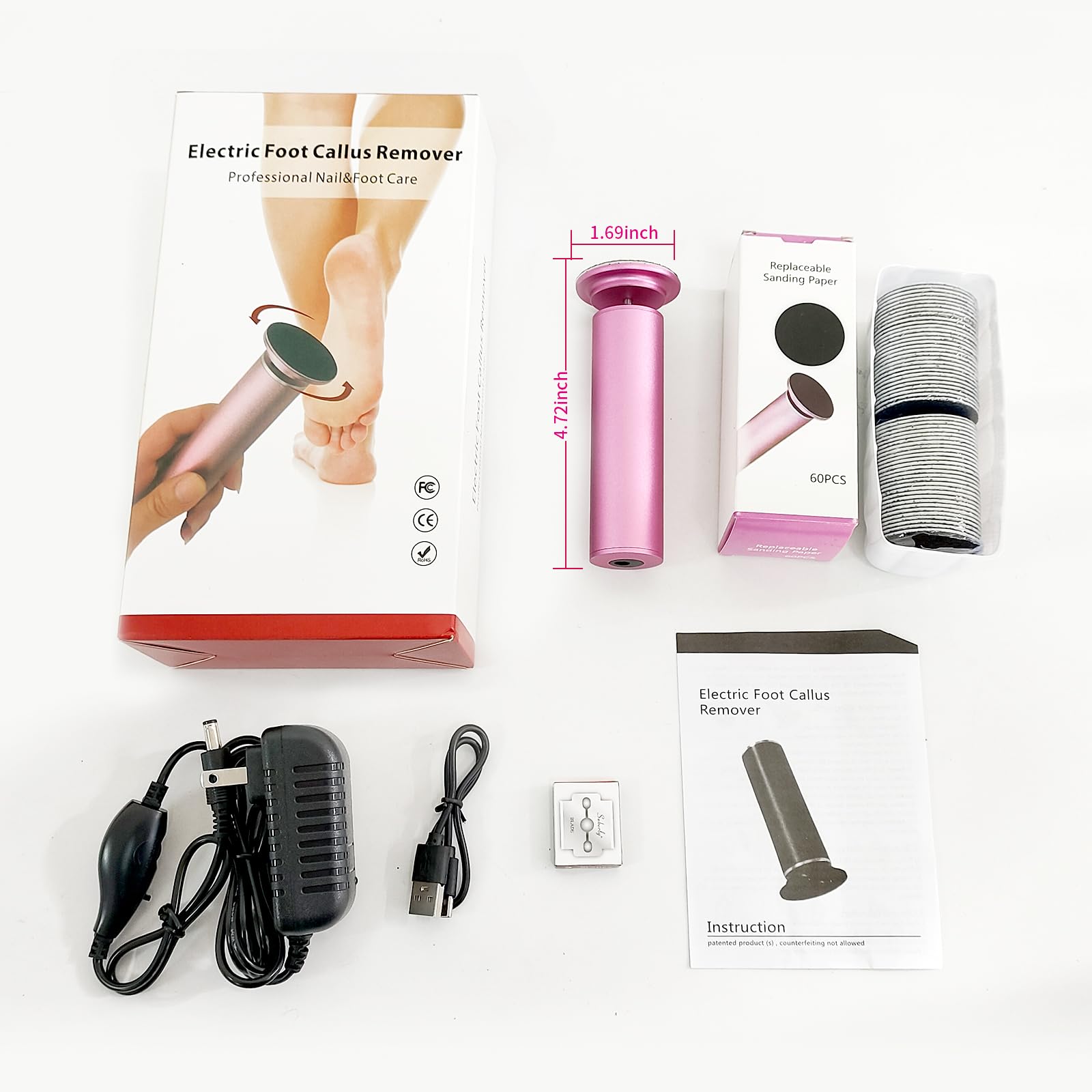 Removedor eléctrico de callos de pies, herramienta profesional de pedicura con 60 papeles de lijado, color rosa