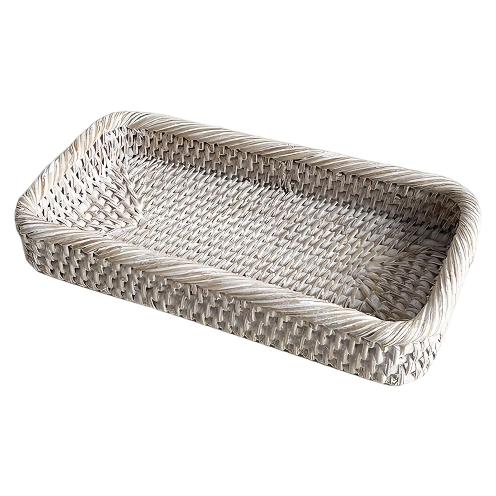 Rattan Aufbewahrungskorb, handgewebter Aufsatzkorb für Spülkasten mit dickem Rand, kleiner weißer Handtuchkorb, 25 x 13 x 4,5 cm, vielseitiger Boho Deko Korb für Bad