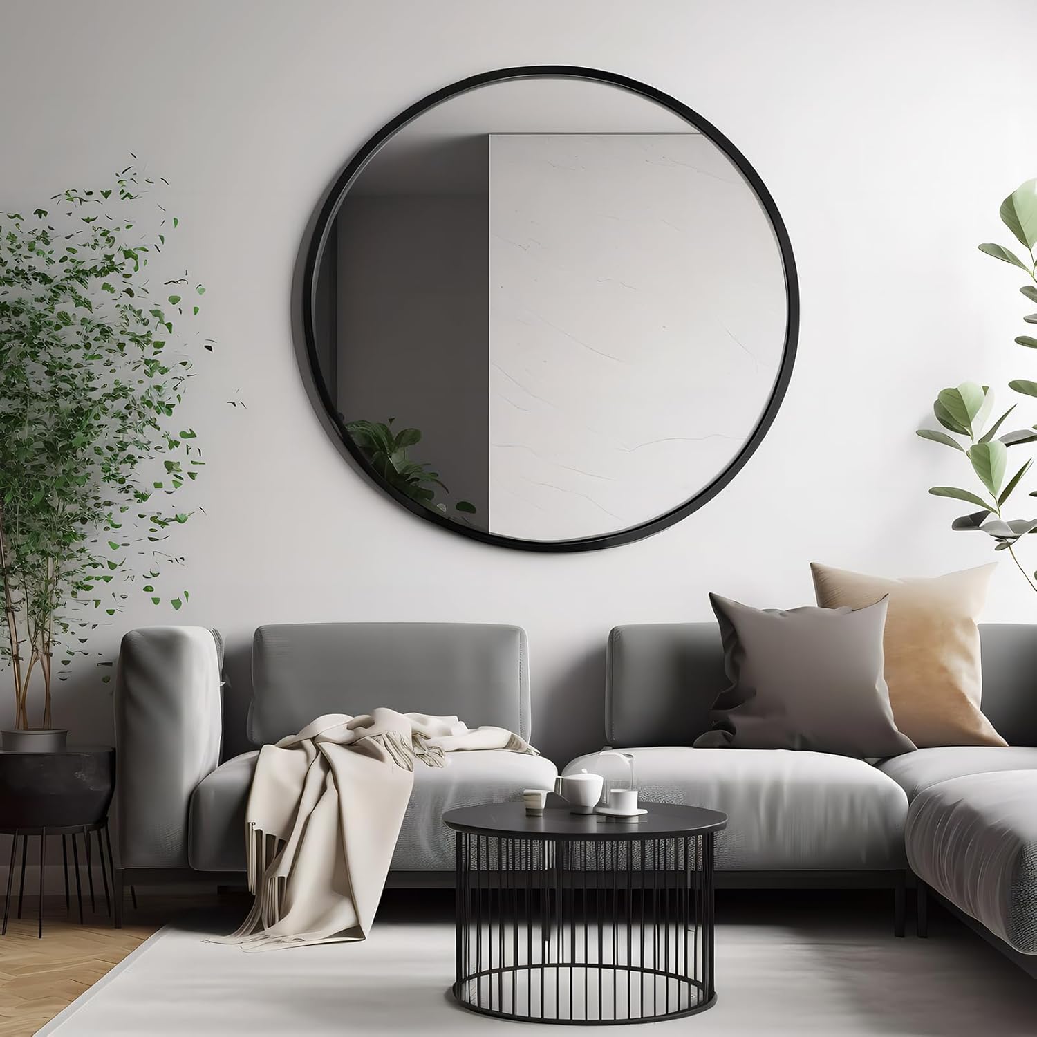 Round Mirror, 48''Black Metal Frame Wall Mirrors for Bathroom,Entryway