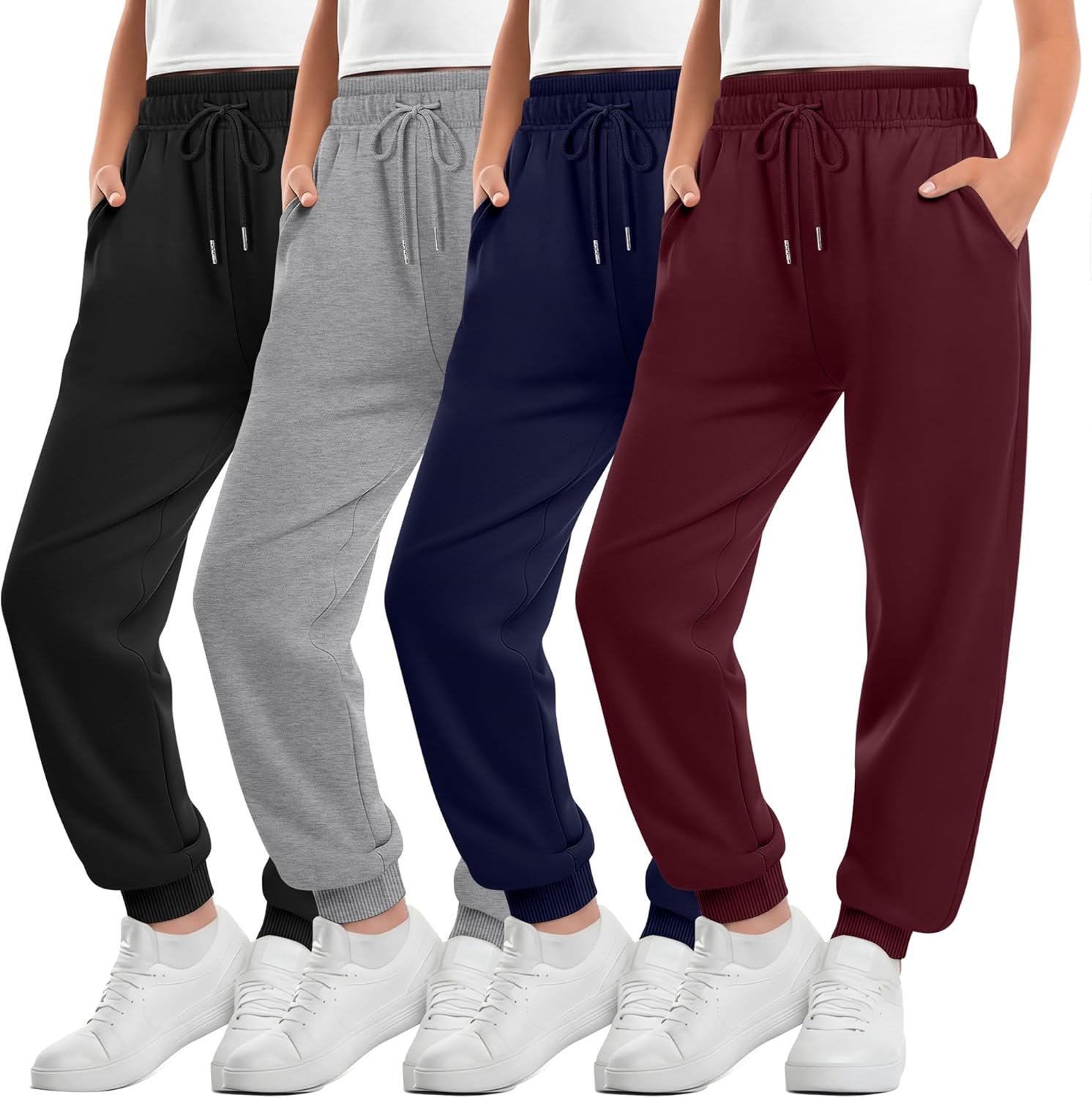 LessonZoo 4 Pack Girls Joggers Lounge Sweatpants Drawstring Baggy Lightweight Kids Double Waisted Athletic Pants with Pockets