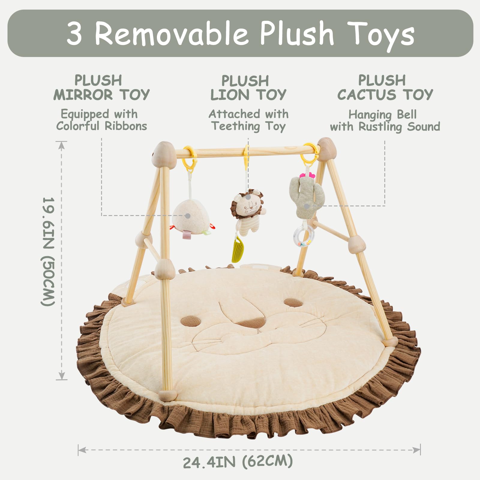 Tapis D'eveil Bebe 4 en 1,avec arche de jeu en bois naturel, 3 Peluches Amovibles,Développement Visuel, Auditif,Tactile et Cognitif,pour 0-3-6-12-36 mois Bébé,Cadeau de Naissance Idéal,Braun-Löwe