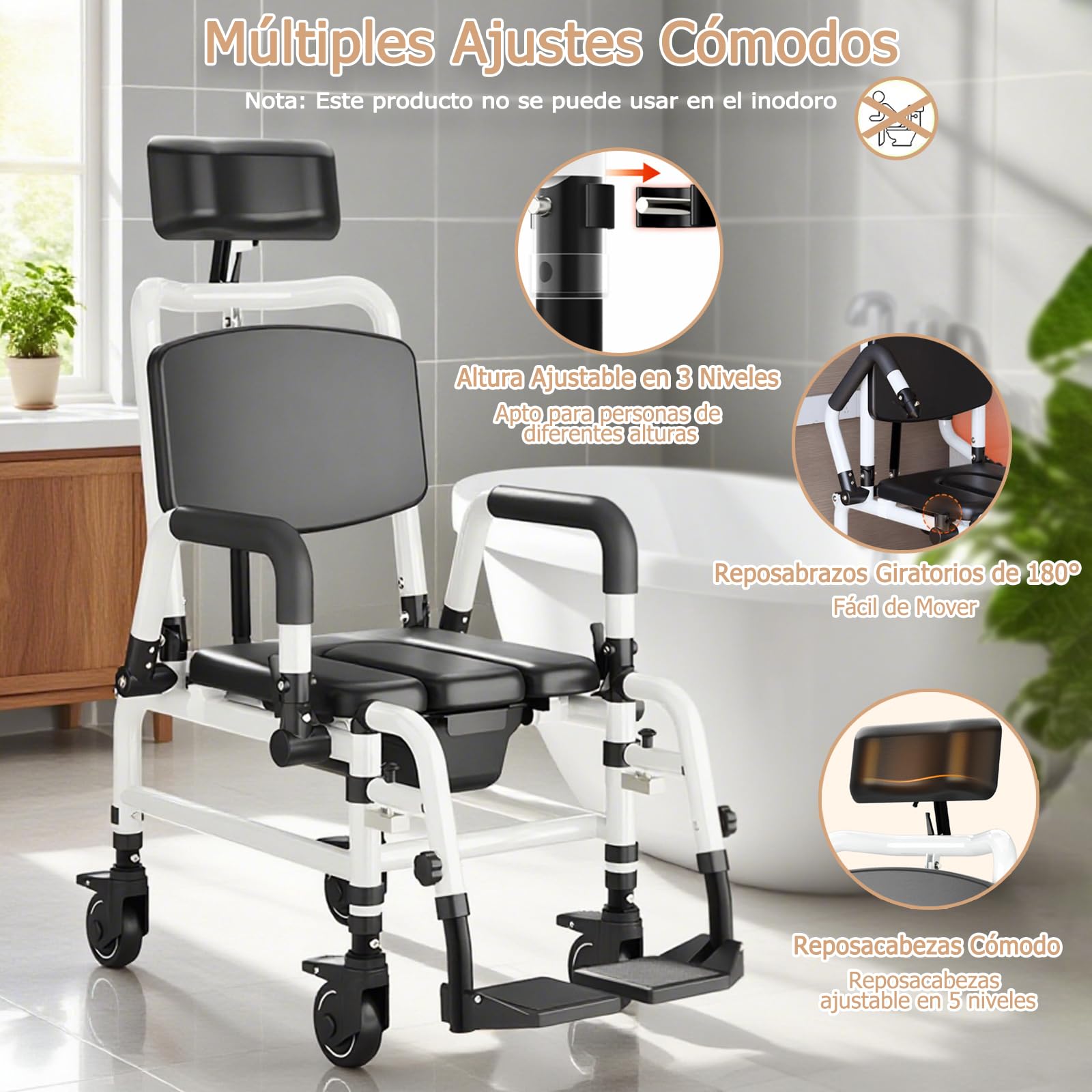 NJUN Silla de Ruedas para Baño y WC con Ruedas, Silla WC con Ruedas para Personas Mayores, Silla de Baño Reclinable con Respaldo Ajustable 140°, Reposacabezas Ajustable y Cubeta Extraíble