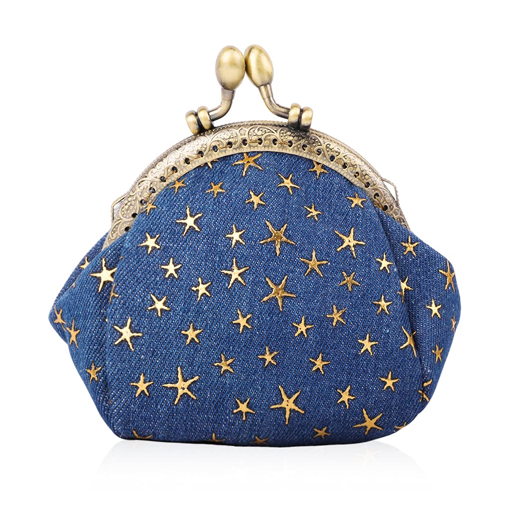 Oyachic Five-Pointed Star Coin Purse Denim Change Pouch Wallets Buckle with Kisslock Clasp Coin Holder Clutch Handbags for Women Ladies