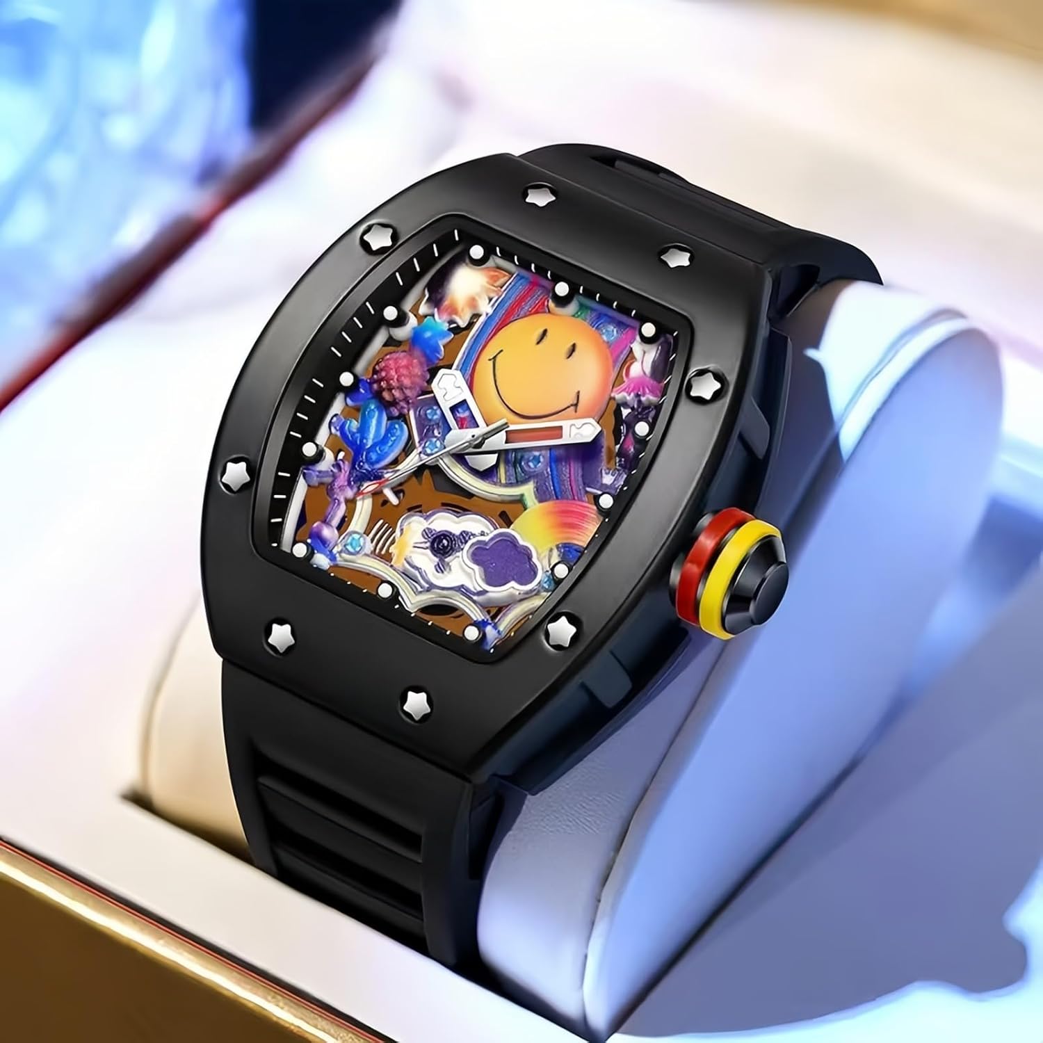 Gosasa Men’s Fashion Colorful Smiley Face Watch – Trendy Creative Big Face Tonneau Men Wristwatch with Silicone Strap, Unique Cool Luminous Design Gift Watch