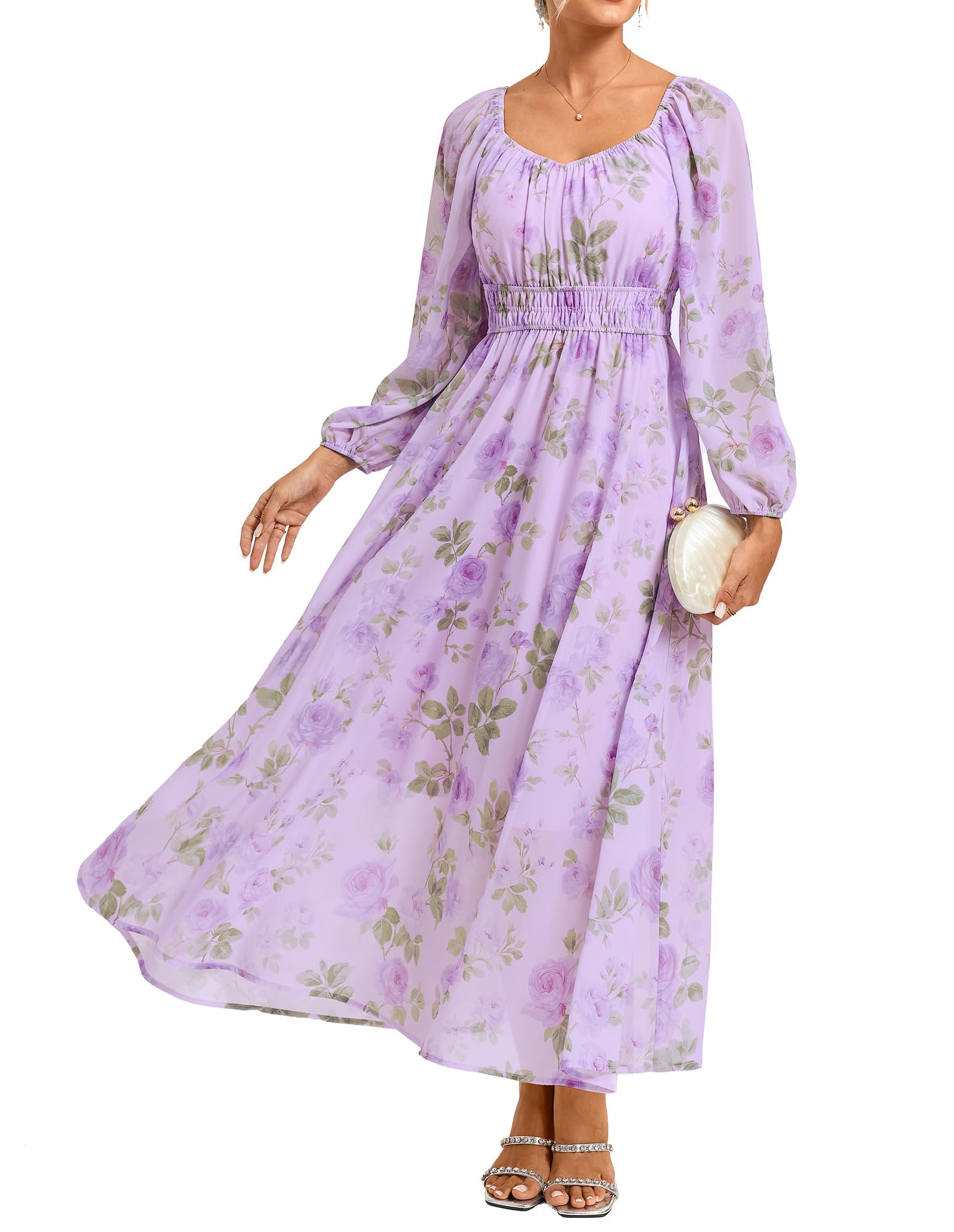 GRACE KARIN Damen A-Linie Kleid V-Ausschnitt Langarm Hochzeitsgast Blumen