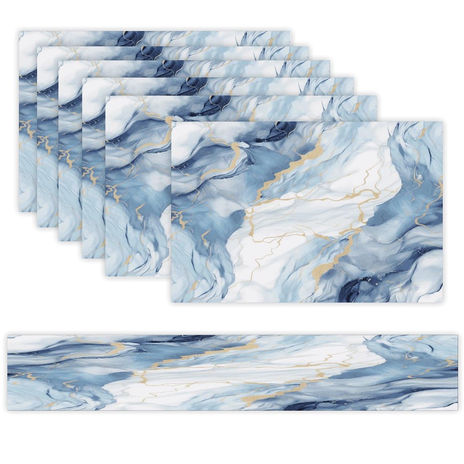 White Blue Marble Table Runner and Placemats Set of 6 Heat Resistant Table Runner Place Mats Modern Cloth Table Mat Washable Linen Placemat Festive Reusable Set