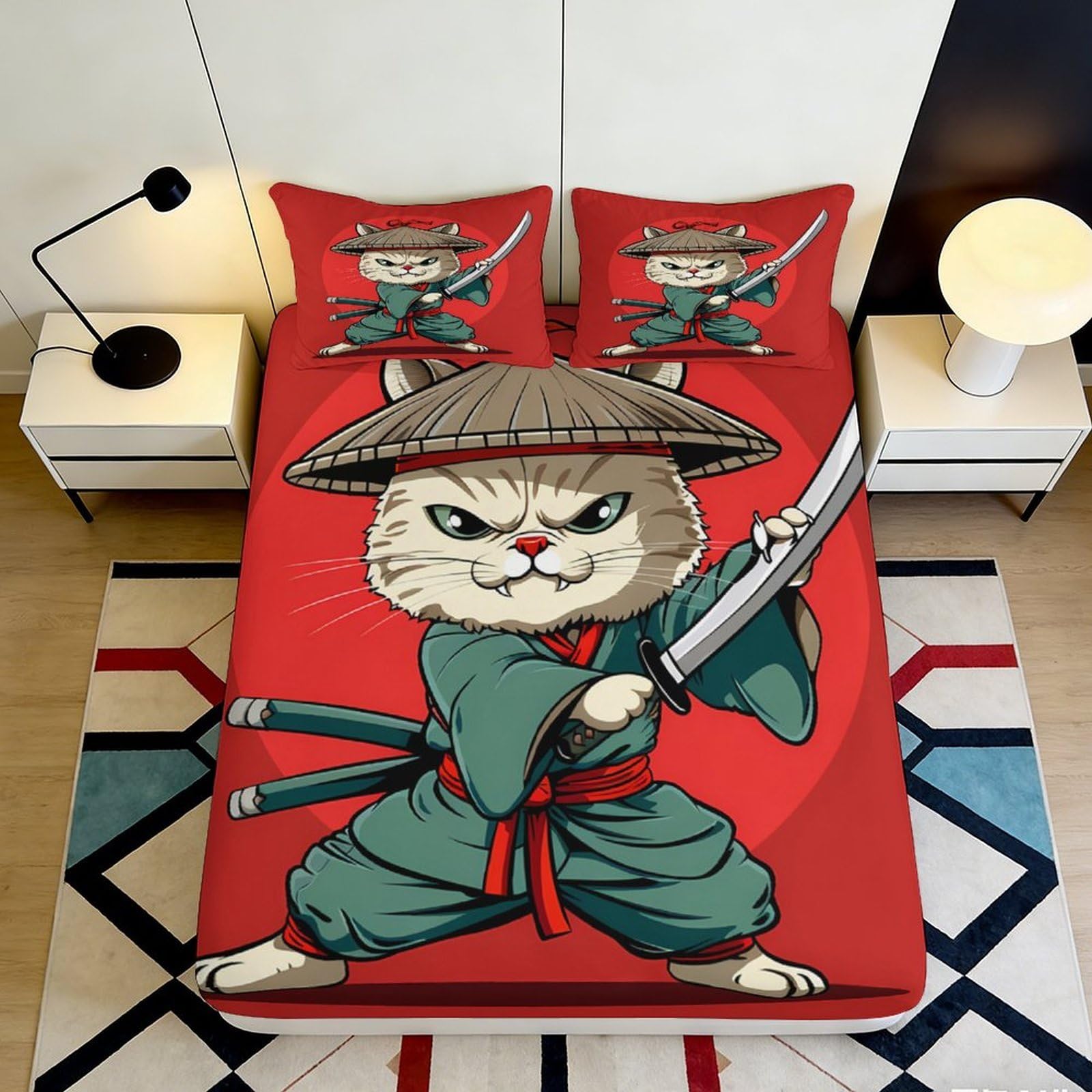 Pnayamiorkfel Style-9 3D Printed Samurai Cat Fitted Sheet Microfiber Non-Slip Red Bed Cover For Bedroom Guest Room Decor Easy Care 90X200x25cm