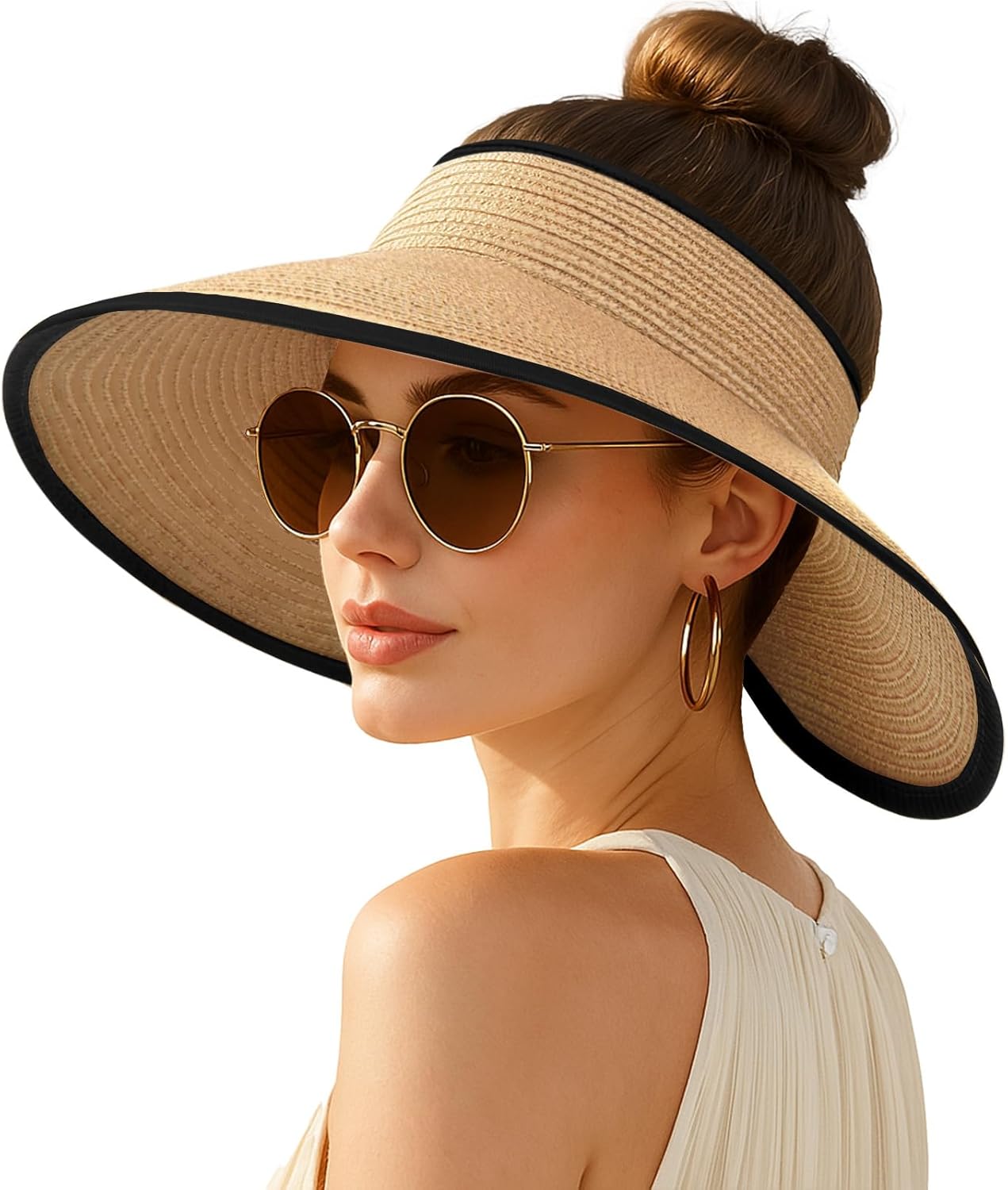 Women's Sun Visor Hats Wide Brim Straw Beach Hat Ponytail Hats for Women Foldable Floppy