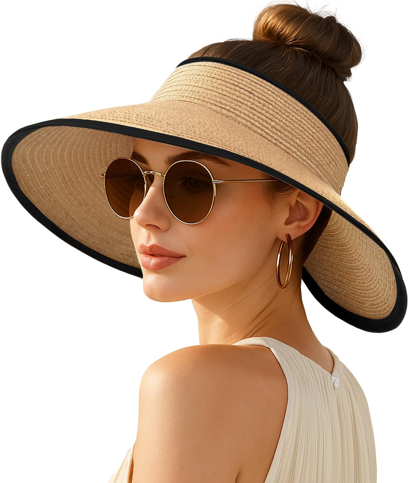 Women's Sun Visor Hats Wide Brim Straw Beach Hat Ponytail Hats for Women Foldable Floppy