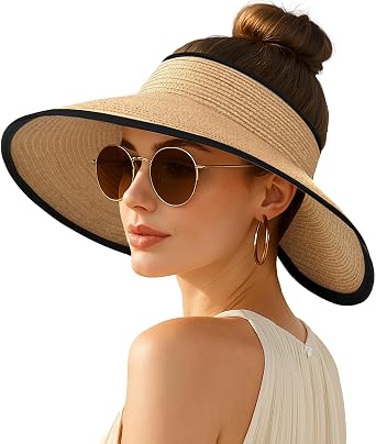 Womens Sun Visor Hats Wide Brim Straw Beach Hat Ponytail Hats for Women Foldable Floppy