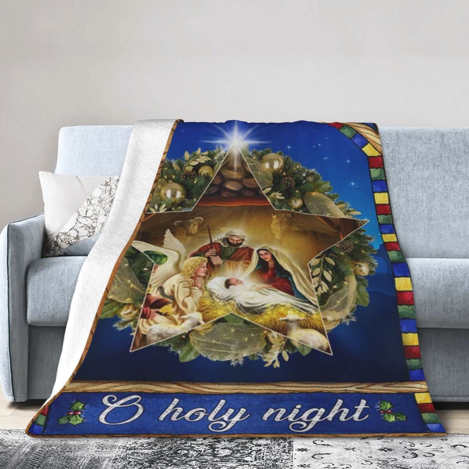 Lsjuee Christmas Flannel Fleece Blanket 40"X30" O Holy Night Nativity Jesus Sofa Throw Blanket Weighted Ultra-Soft Travel Winter Blankets for Mens Keep Warm