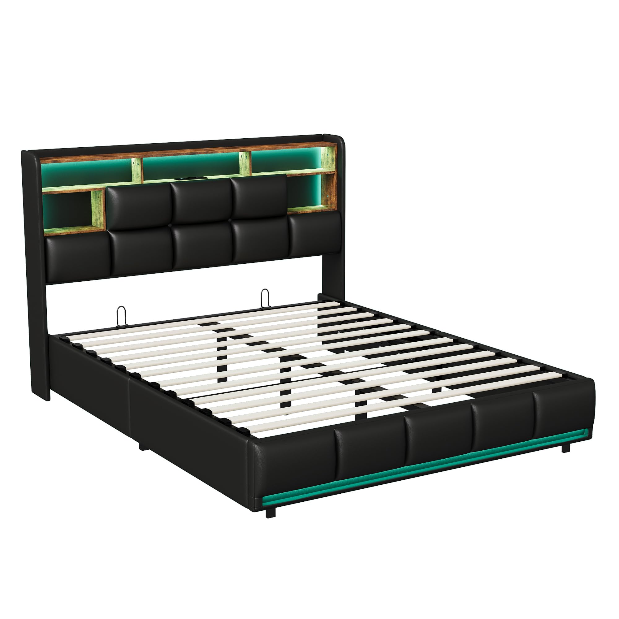 Letto imbottito 160 x 200 cm con illuminazione LED, letto matrimoniale con spazio di archiviazione e soppalco, testiera con funzione di ricarica USB tipo C e spazio di archiviazione idraulico