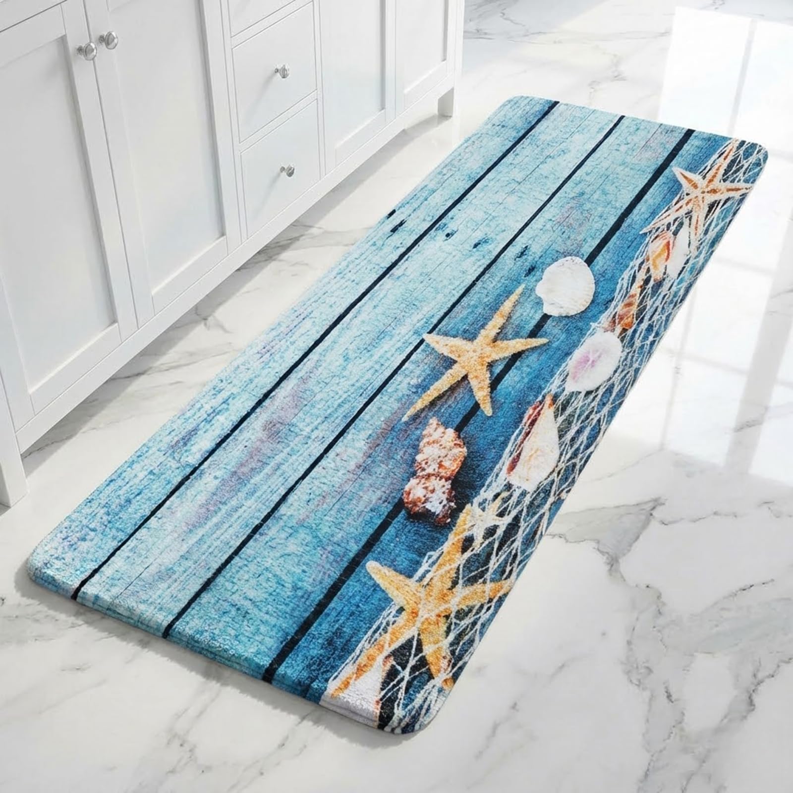 Coastal Seashell Bathroom Runner Rug 24x71 Inch, Soft Absorbent Non Slip Memory Foam Long Bath Mat for Tub, Shower, Kitchen Sink & Hallway
