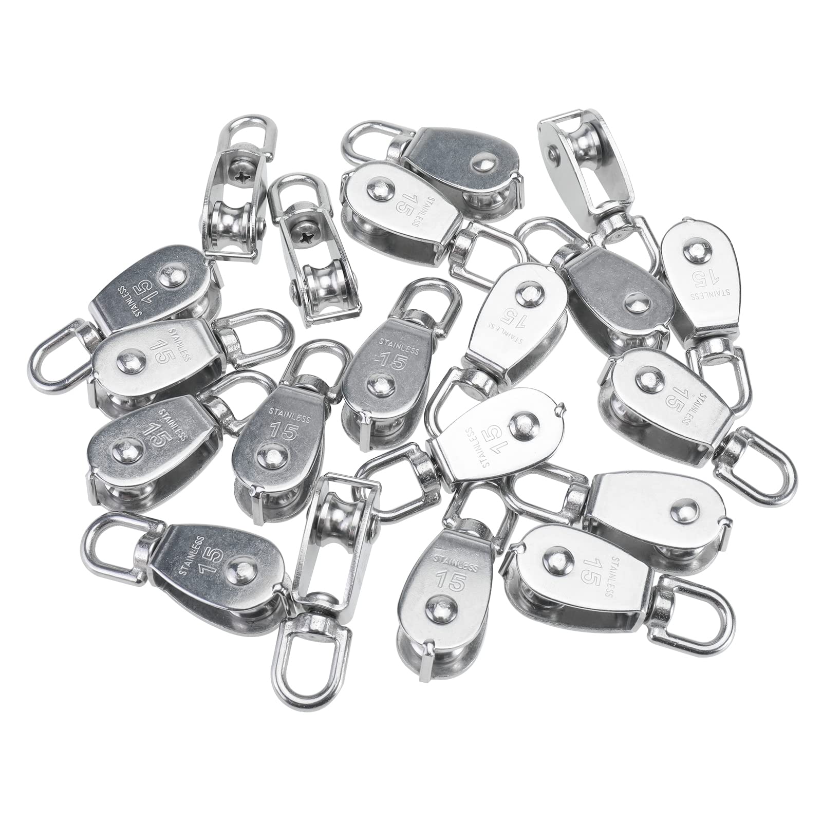 20 piezas de polea de acero inoxidable 304 M15 para cuerda de alambre para grúa, polea pequeña, para elevación, rueda colgante, gancho giratorio