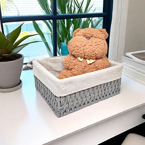 Miniatura 3 de GIB - Cestas de almacenamiento tejidas de mimbre con tapas, juego de 3 tamaños, cuerda de papel, pequeñas cestas anidables extraíbles para estantes,