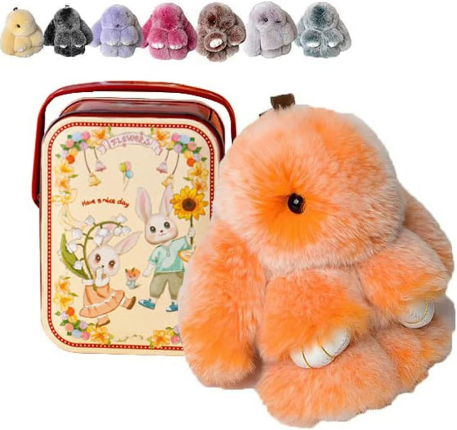 XIUNYIE Easter Bunny Plush Keychain in Iron Gift Tin, Fluffy Rabbit Keyring Kawaii Soft Furry Pendant for Handbag or Backpack Cute Decorative Charm, Birthday Christmas, #G