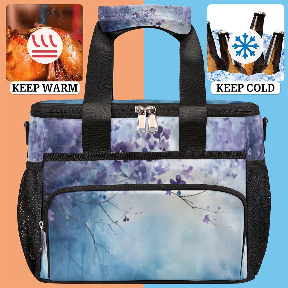 Floral Purple Insulated Picnic Backpack Lunch Box for Women Men Picnic Basket Tote Lunch Bag Picnic Bag Portable Lunch Bags for Picnic, Beach, Work, Trip,Office, Camp Romantic Flower
