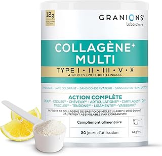 MULTI Collagene - 5 Types de Collagène - GRANIONS Collagène N°1 en Pharmacies - Collagene Marin Poudre - Collagene Marin + Vitamine C - 20 études cliniques - Goût Citron - Collagene Poudre 260 g