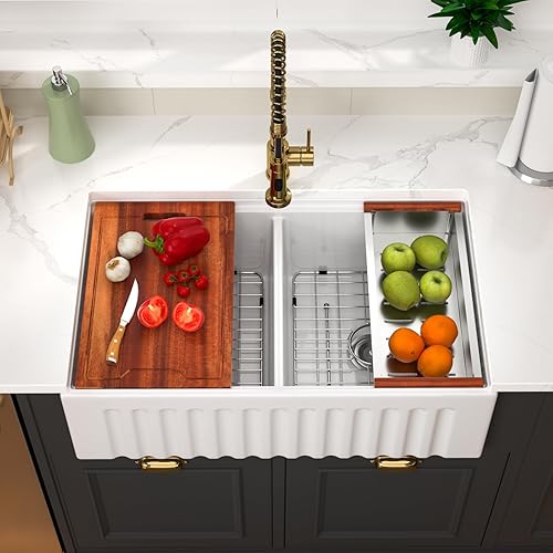 Double Bowl White Farmhouse Sink Workstation 33 Inch White Fireclay Apron Front Kitchen Sinks Double Bowl 10 Inch Deep Porcelain Ceramic Farm Sinks 50/50