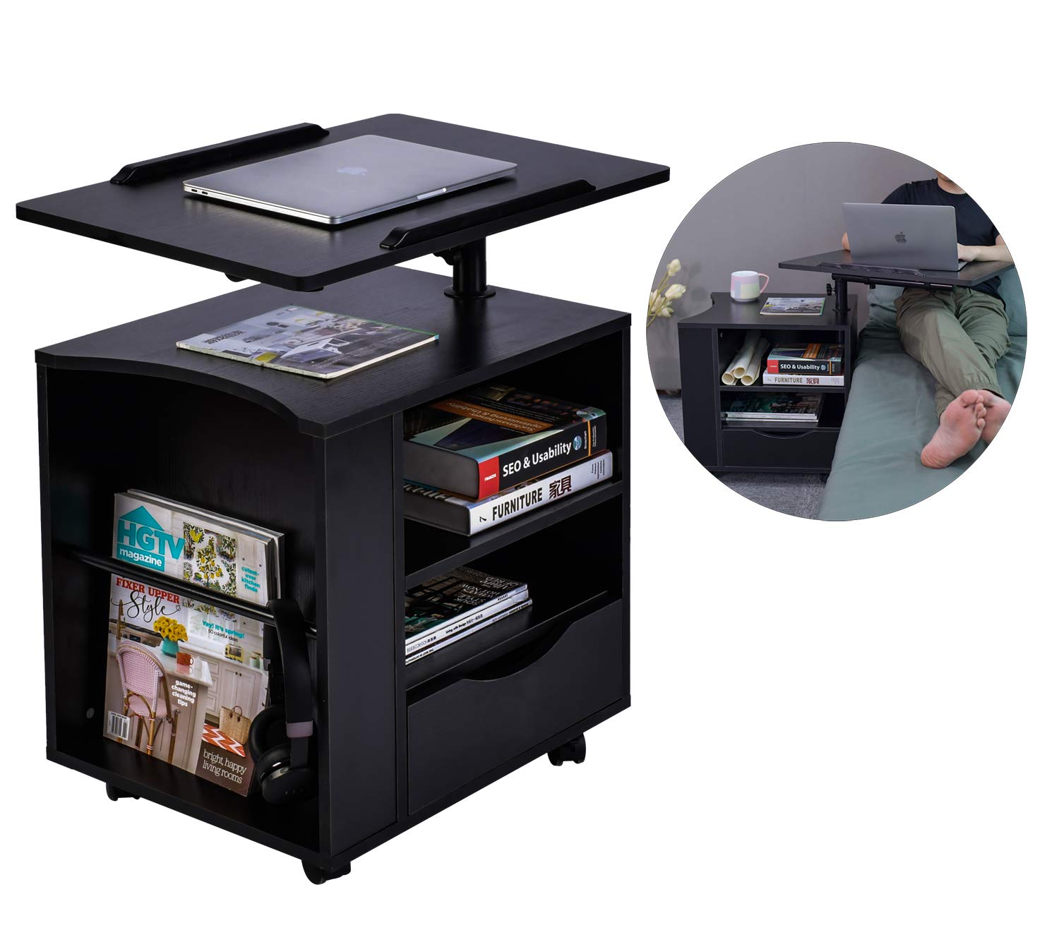 Aiz Bedside Desk For Laptop Adjustable Bed Desk Overbed Table Rolling Nightstand With Storage Drawer Laptop Desk With Swivel Top Black Right Side Buy Online In Zimbabwe Missing Category Value