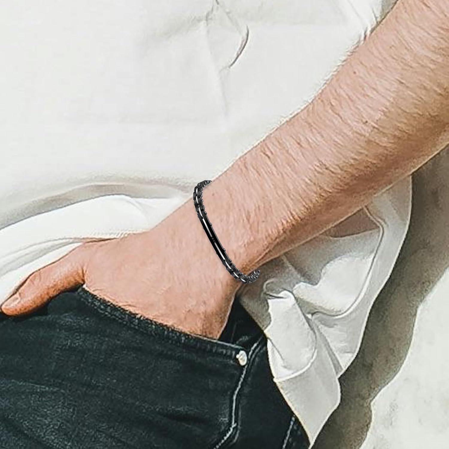 Black&Silver Bracelets for Men, Link Chain Stainless Steel Bracelet for Men, Charm Jewelry for Birthday Annivesary Fathers Day Valentines, Dad Husband Boyfriend,Casual Trendy Cool Adjustable - Image 6