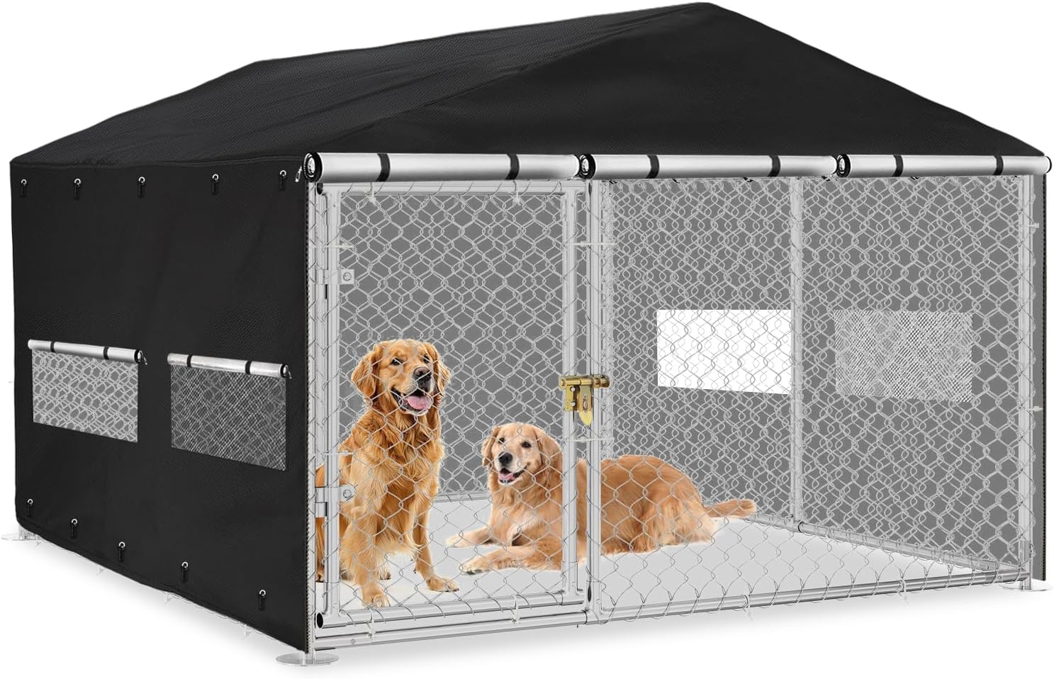 Outdoor Dog Kennel Covers 10'Dx10'Wx6'H Full Coverage Windproof Anti-UV with Transparent PVC Window & Breathable Mesh, Waterproof Cover for Multiple Brands of Dog Kennels, Cover Only, Black 10'D x 10W x 5.9'H Black 10Ft
