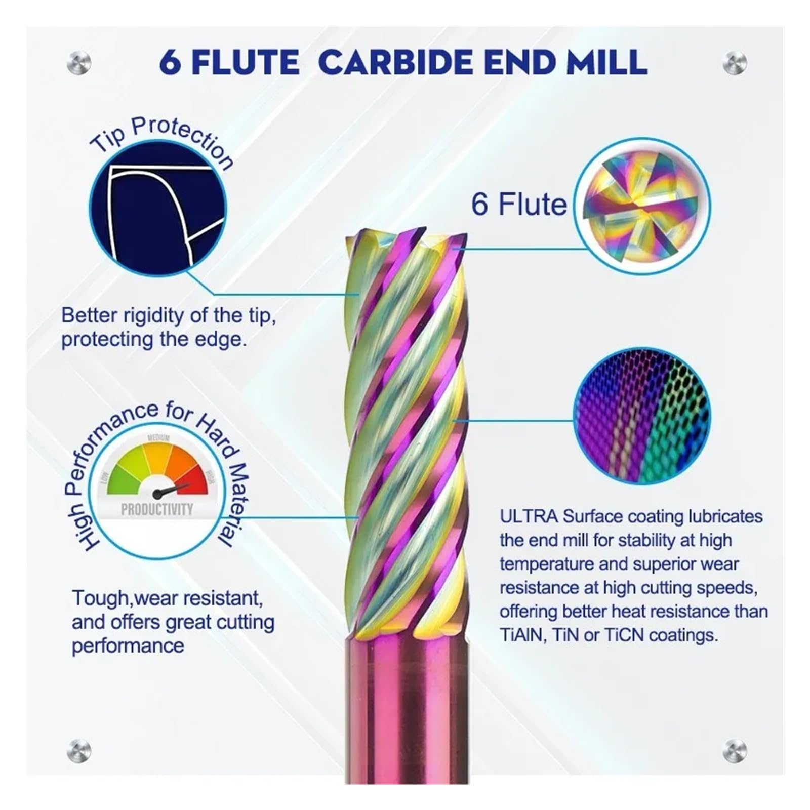 Fresa CNC de 4-16mm, herramienta de fresado en espiral con revestimiento azul, fresa de extremo de carburo de broca enrutadora CNC de 6 flautas(8x35x100L)