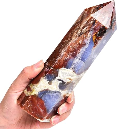 AMOYSTONE Obelisco de ágata negra y roja, torre grande de varita de cristal curativo, 6 columnas facetadas, terapia de meditación de chakras de