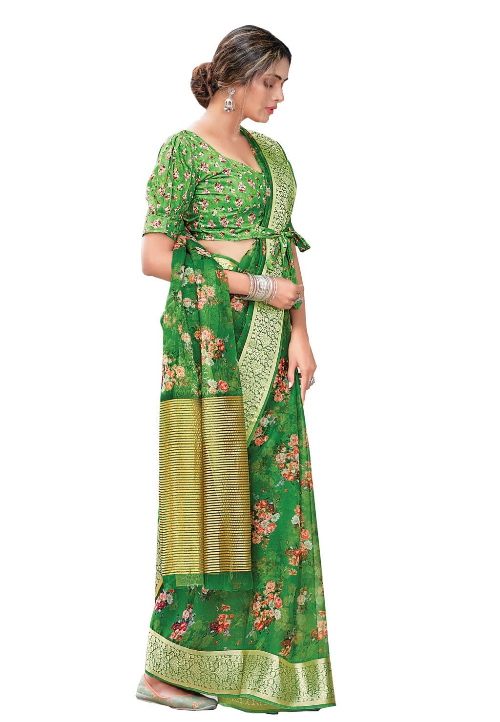 Sangam Prints Women's Organza Digital Print Saree with Blouse Piece (SGANG-1157,Green)
