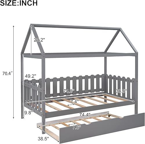 Miniatura 2 de ODC Cama de casa de tamaño individual con nido marco de litera de madera con barandilla en forma de valla para niños dormitorio adolescentes adultos