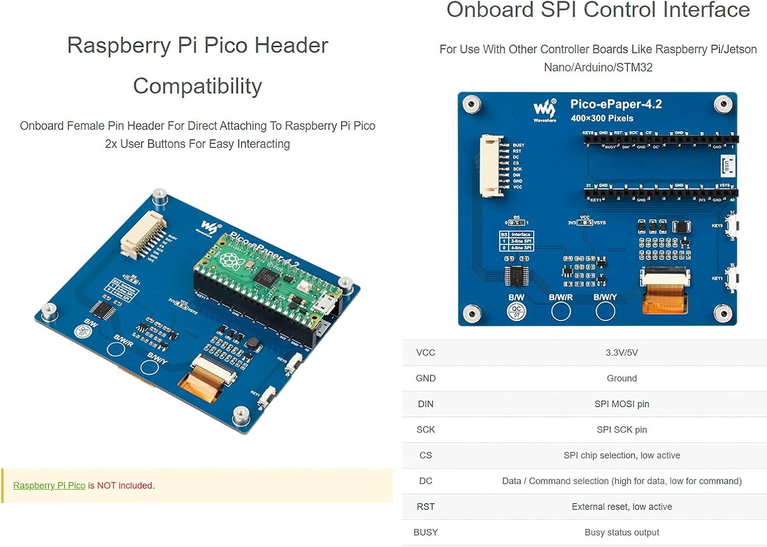 waveshare 4.2inch E-Paper Display Module for Raspberry Pi Pico, 400×300 Resolution E-Ink Screen, Black/White Two-Color, 4 Grayscale, SPI Interface, Low Power, Wide Viewing Angle