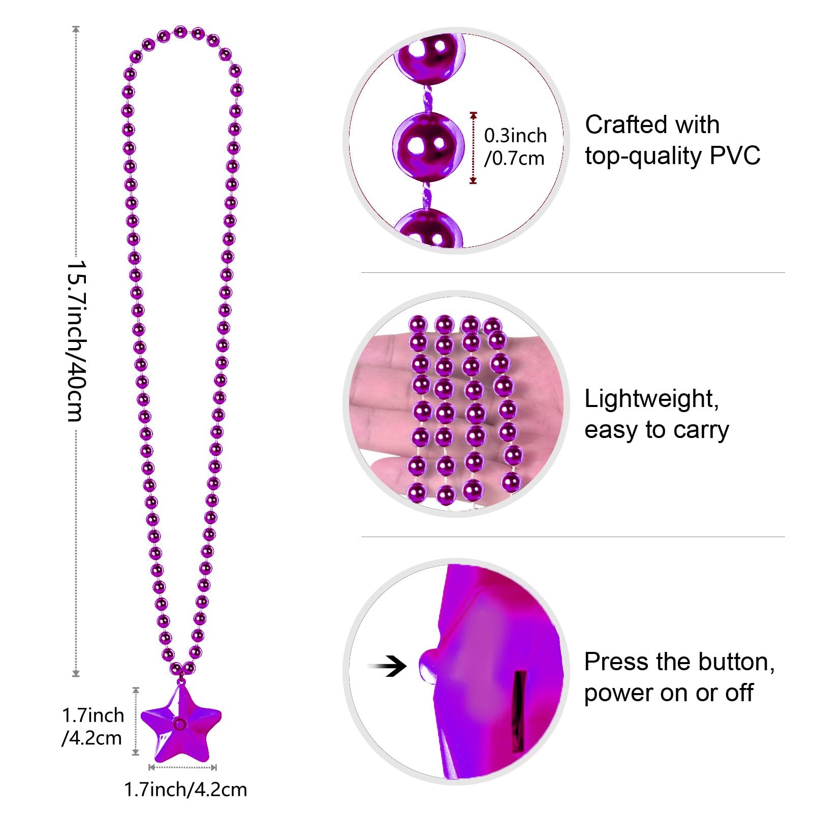 NUDALA 6 Pack Purple LED Glow Star Necklace Bulk Beaded Necklaces for Halloween Christmas Decorations Mardi Gras Party Favors