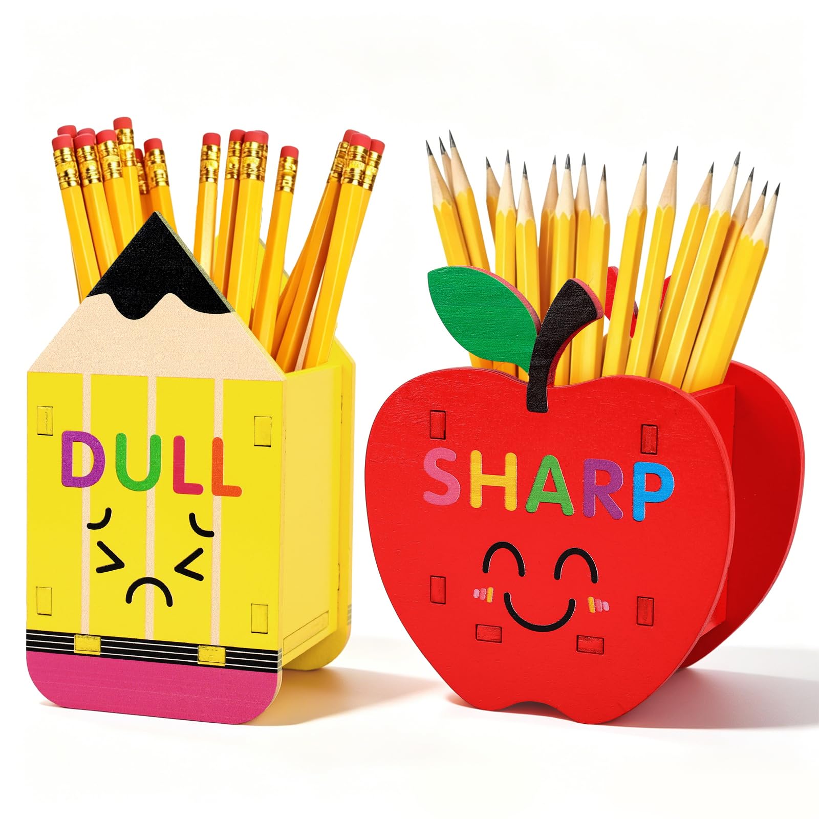 FYSUIMU Stiftehalter, scharf, stumpf, lustig, Cartoon-Bleistift, Apfel, DIY, Holzspender, Aufbewahrung für Schulanfang, Lehrer, Klassenzimmer, Organisation, 2 Stück