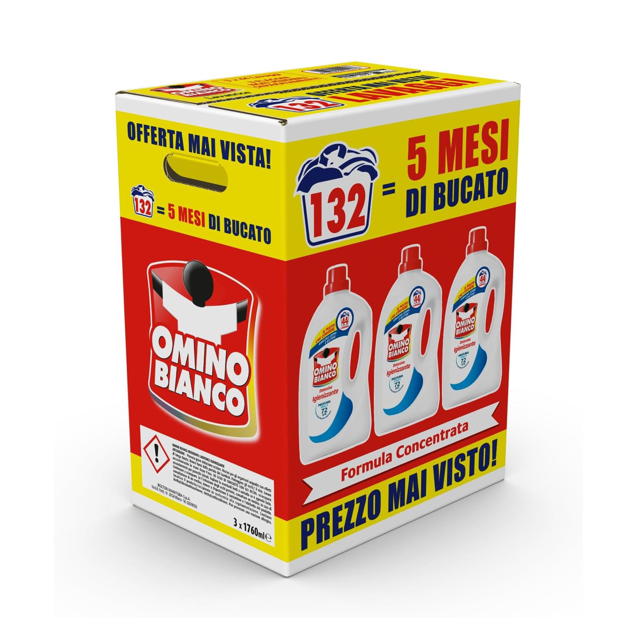 Omino Bianco Detersivo Lavatrice Igienizzante, 132 Lavaggi, 1760 ml x 3