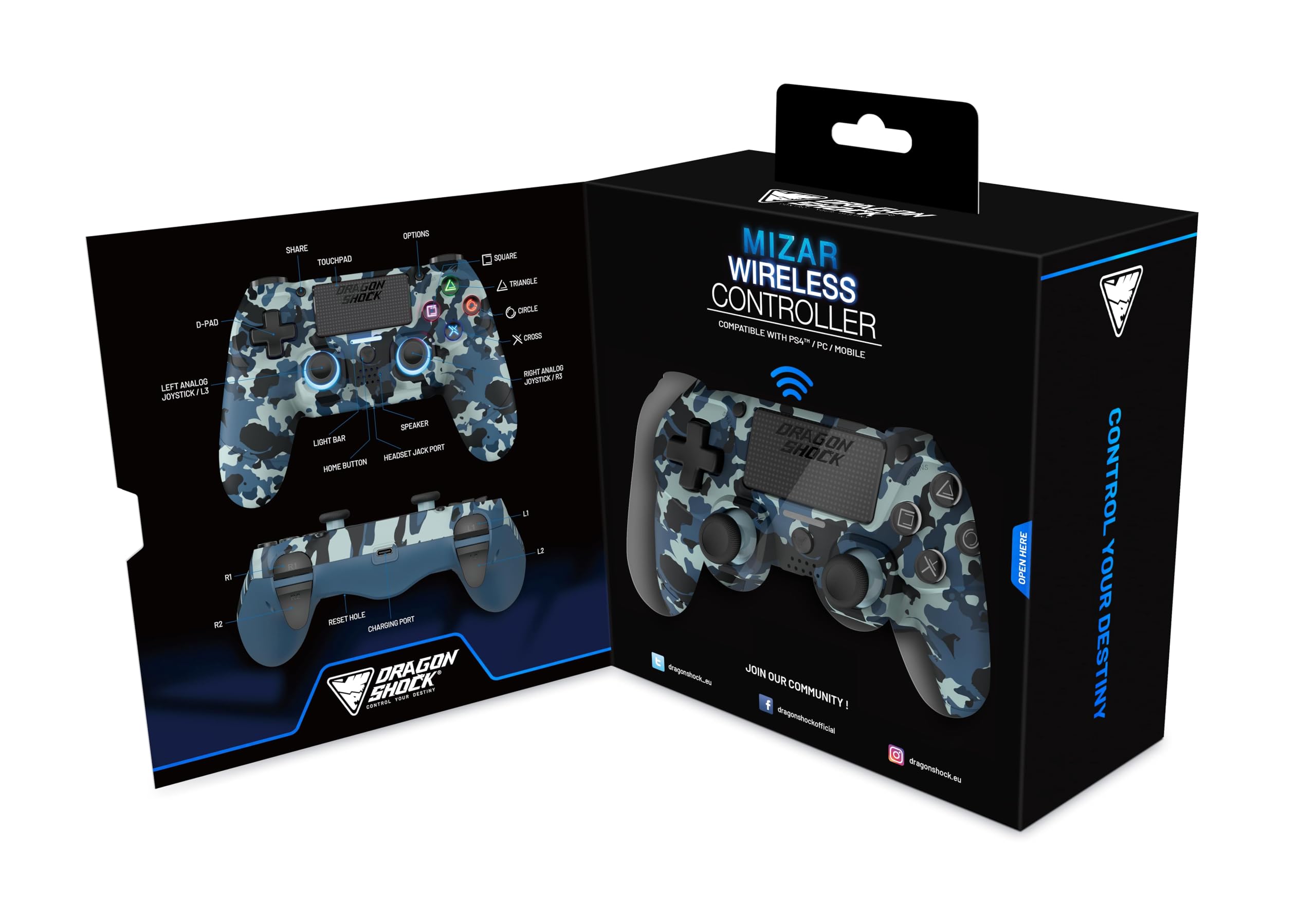 Mizar Manette Sans Fil pour PS4 – Contrôleur Bluetooth Compatible PC & PS3 – Double Vibration, Batterie Rechargeable – Camouflage Bleu