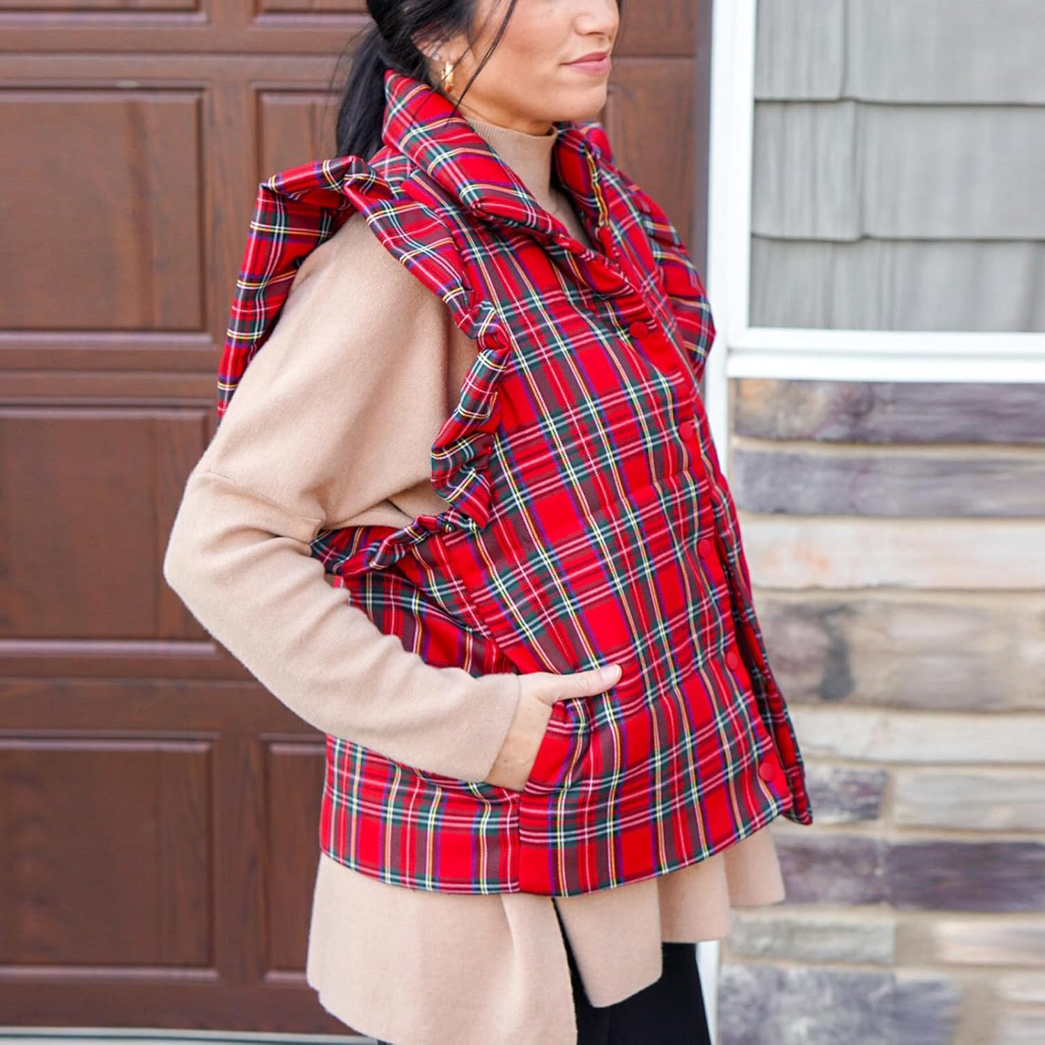 SOLILOQUY Women Christmas Plaid Quilted Vest Ruffle Sleevless High Neck Lightweight Puffer Waistcoat Vest Gingham Padded Coat - Image 5